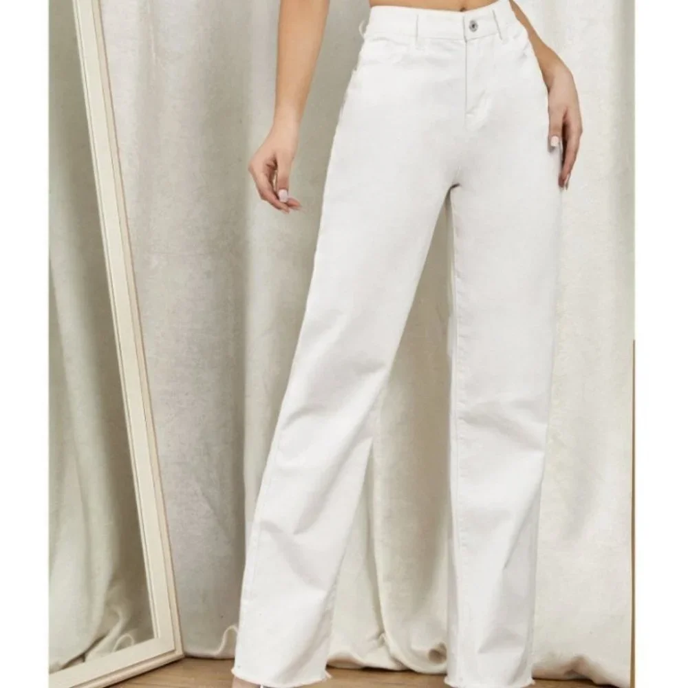 High Waist Raw Hem Straight Leg Jeans White - Picture 3 of 3